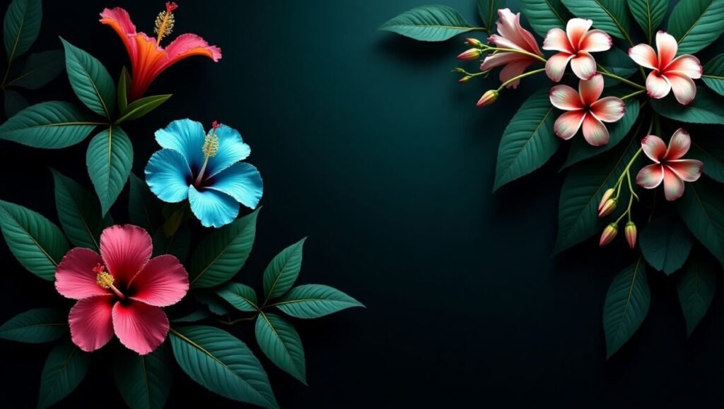Dark Black Botanical Floral Wallpaper with Vibrant Tropical Leaves