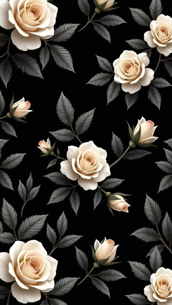 Vertical Elegant Black Floral Wallpaper with Intricate Design for Mobile