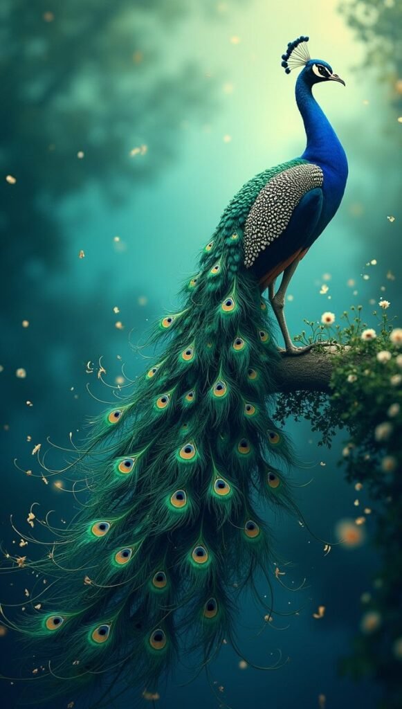 Vertical Elegant Peacock with Intricate Long Trailing Feathers