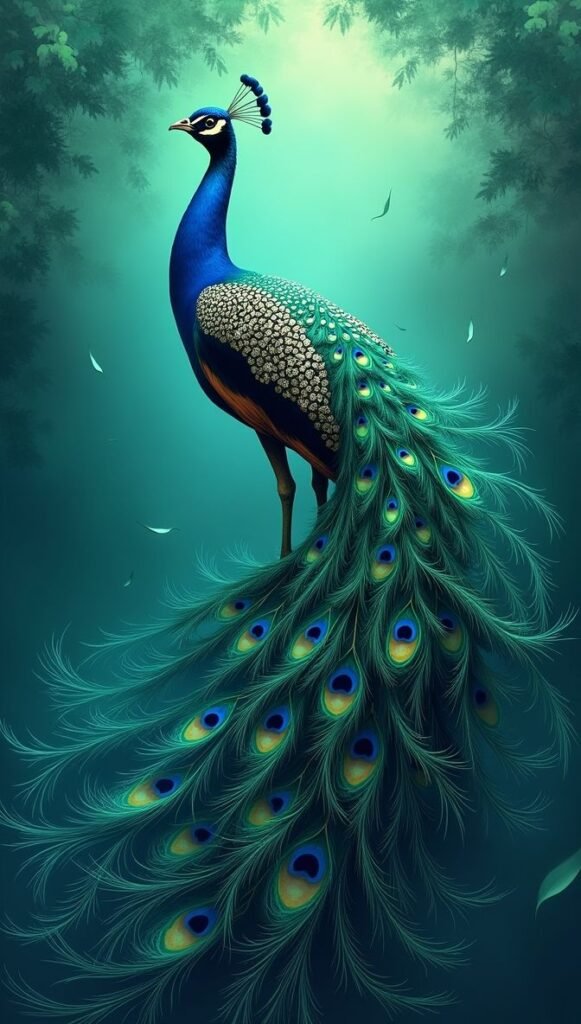 Elegant Peacock with Intricate Long Trailing Feathers Vertical