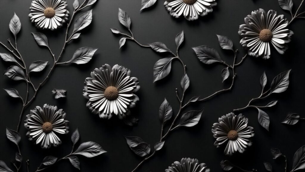 Luxury Black Floral Wallpaper with Intricate Silver Foliage