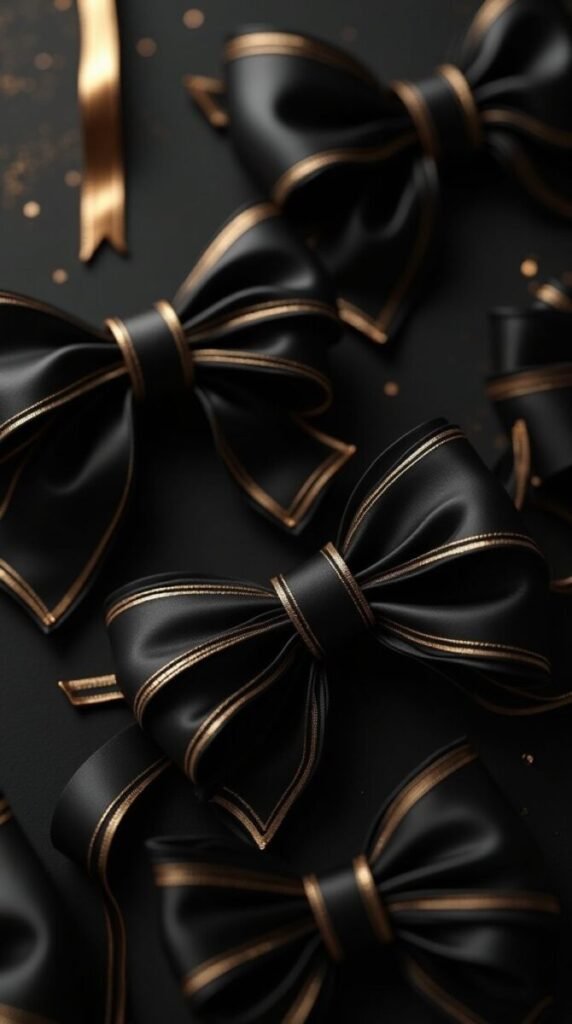 Silky Black and Gold Pattern Luxury Bows Vertical Wallpaper