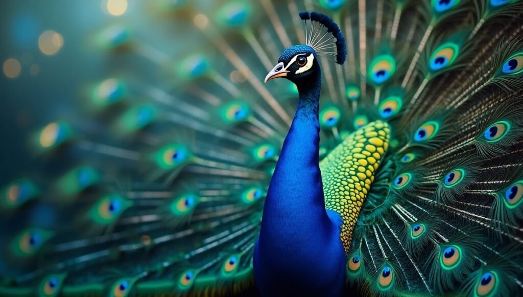 Wide Majestic Peacock Iridescent Feather Display Wallpaper