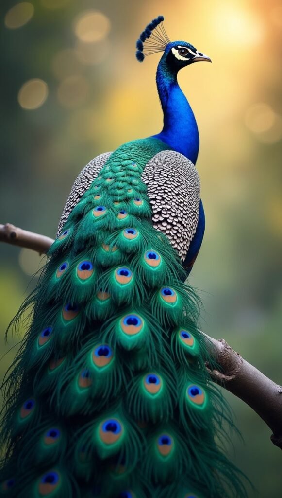 Vertical Majestic Peacock Wallpaper with Fully Spread Feathers