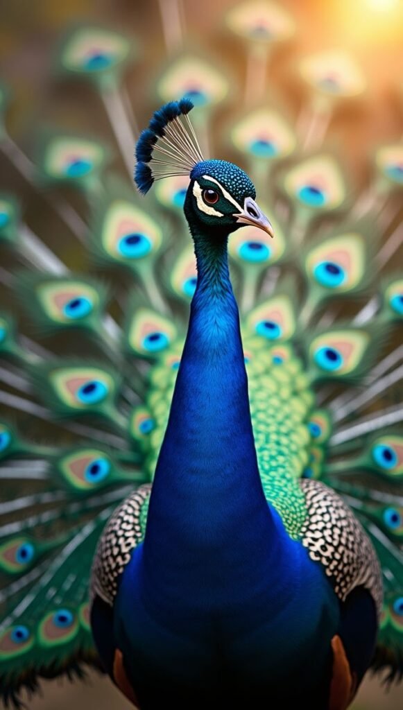Peacock Wallpaper with Tall Spread Iridescent Tail