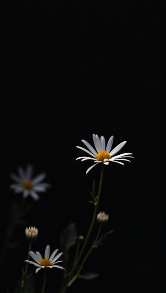 Vertical Minimal Black Floral Wallpaper with Delicate Small Blooms