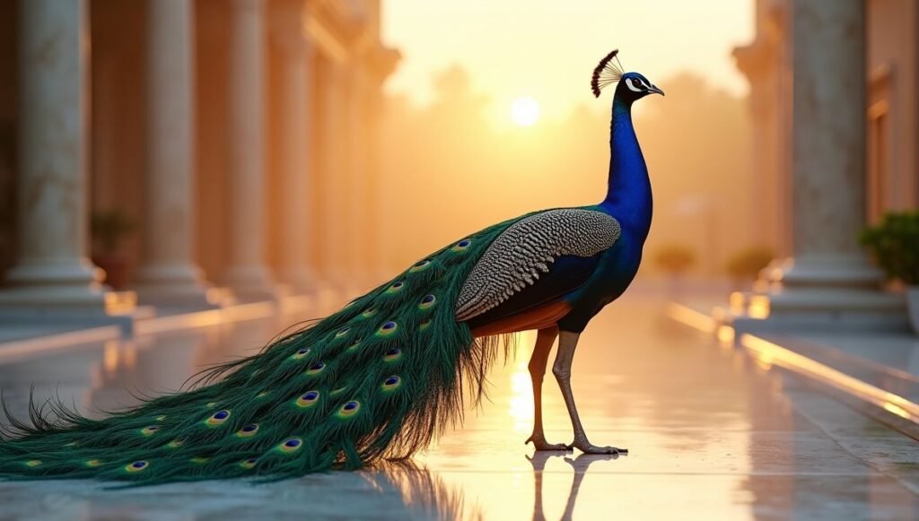 Royal Peacock with Vibrant Blue and Green Feathers Wide Shot