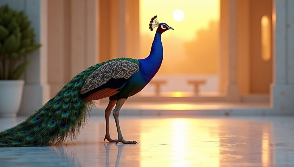 Royal Peacock with Vibrant Blue and Green Feathers Standing Proudly