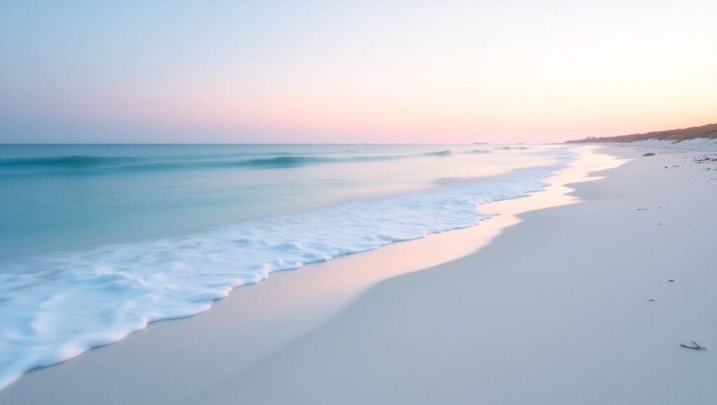 Serene coastal wallpaper with soft waves touching the shore