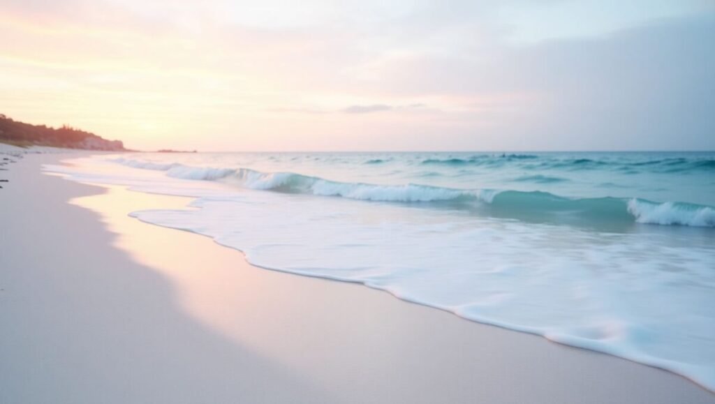 Serene coastal sunset wallpaper featuring gentle waves