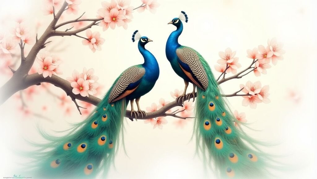 Wide Shot of Two Vibrant Peacocks with Blue and Green Feathers