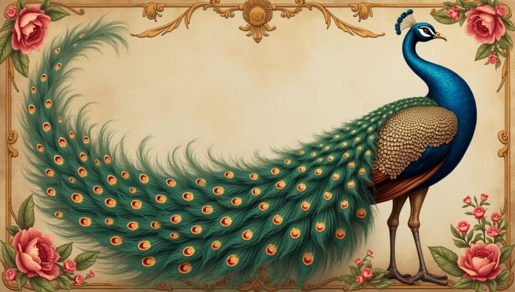 Wide Vintage Royal Peacock Painting Victorian Art Style