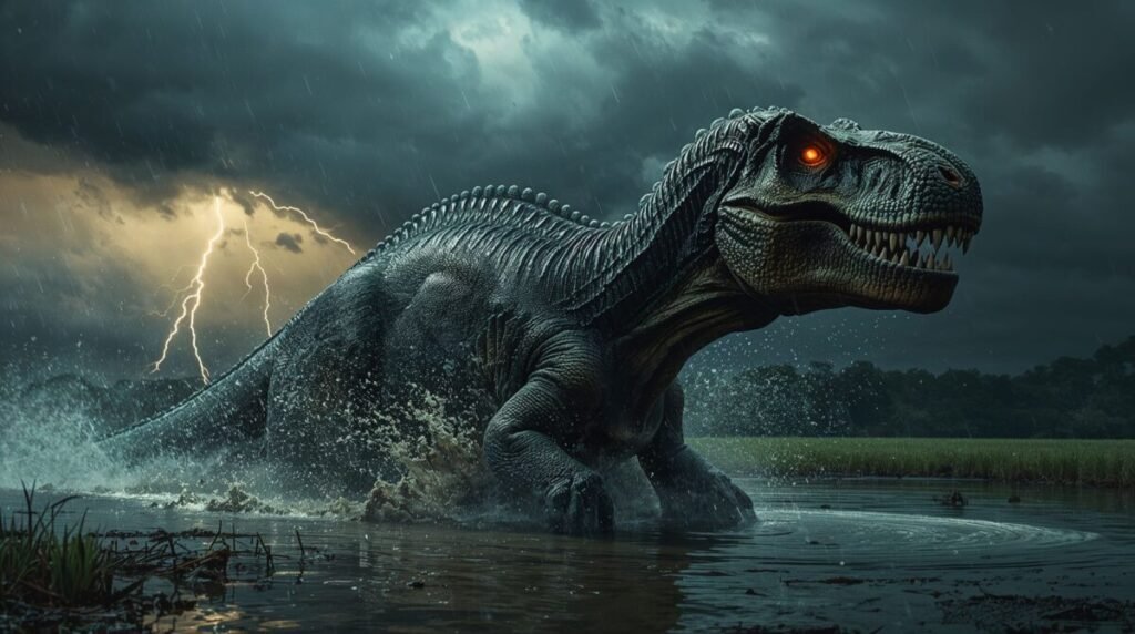 Gigantic Spinosaurus Emerging from a Murky Swamp