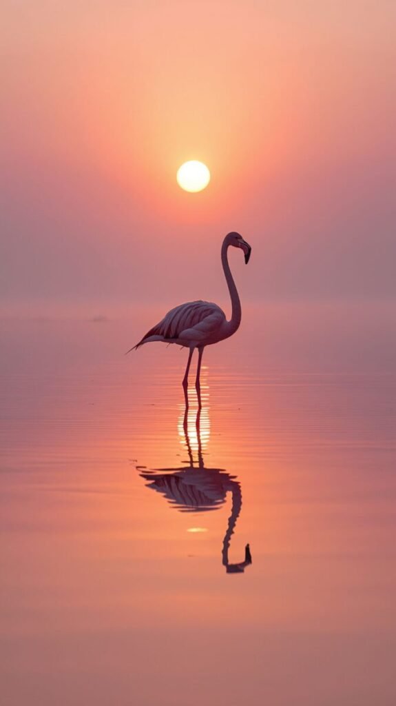 A lone Flamingo standing serenely in shallow water, vertical