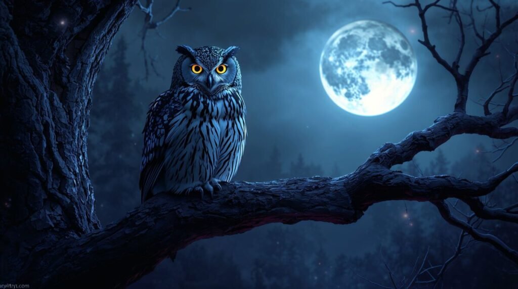 Majestic Owl perched on a thick tree branch