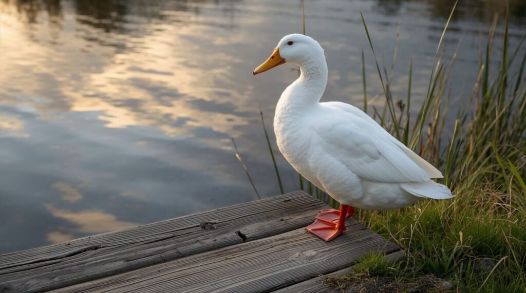 A majestic white duck with a bright orange beak and feet, standing