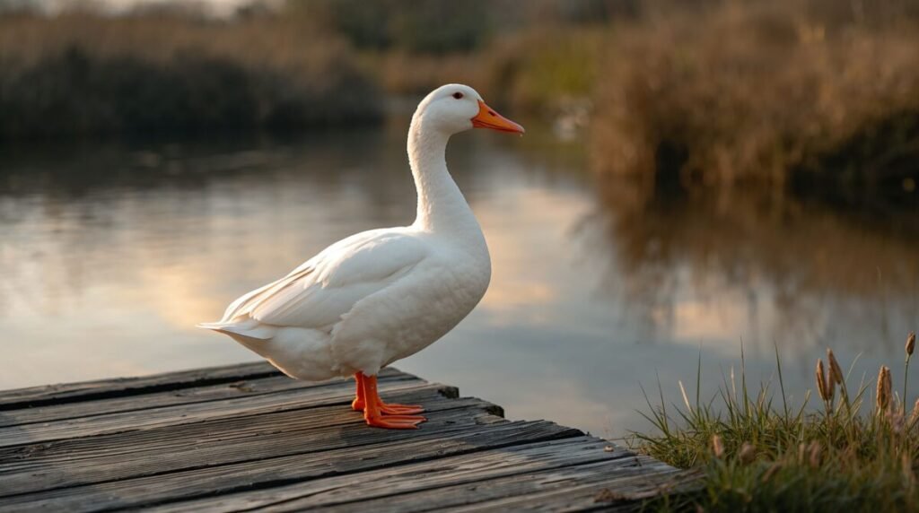 Close-up of the face of a majestic white duck with a bright orange beak