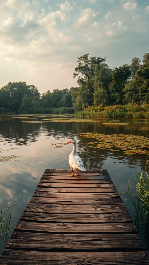 A serene white duck stands alone near a weathered wooden fence