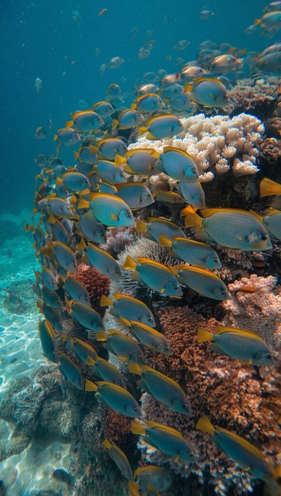 Vibrant school of tropical fish with iridescent blue and silver scales