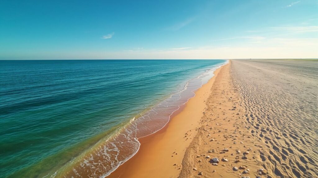 Aerial view coastal wallpaper with a curved sandy beach