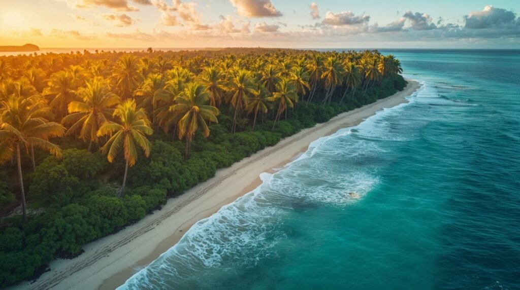 Scenic aerial view of lush green palm tree canopy