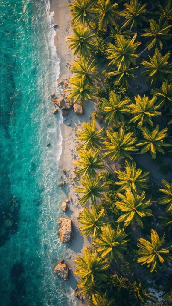 Top-down view of slender palm trees in a lush forest