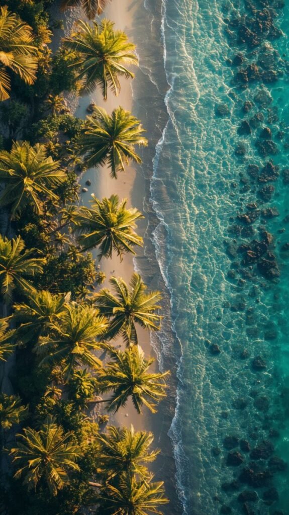Aerial drone shot of vibrant tropical palm trees