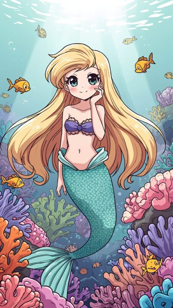 Anime style mermaid with turquoise eyes portrait