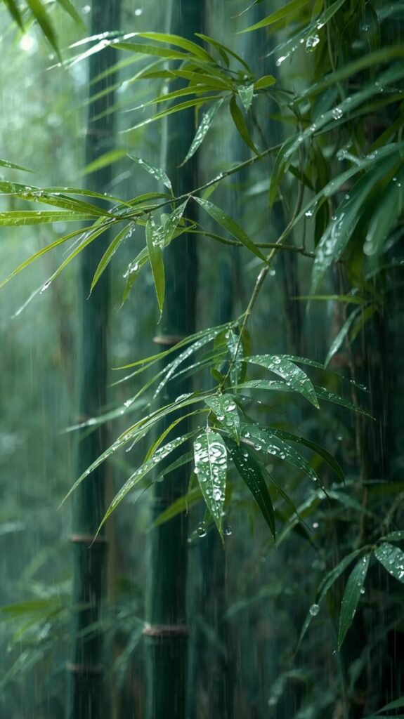 Rainy Zen Bamboo Forest Water droplets on bamboo stalks during rain