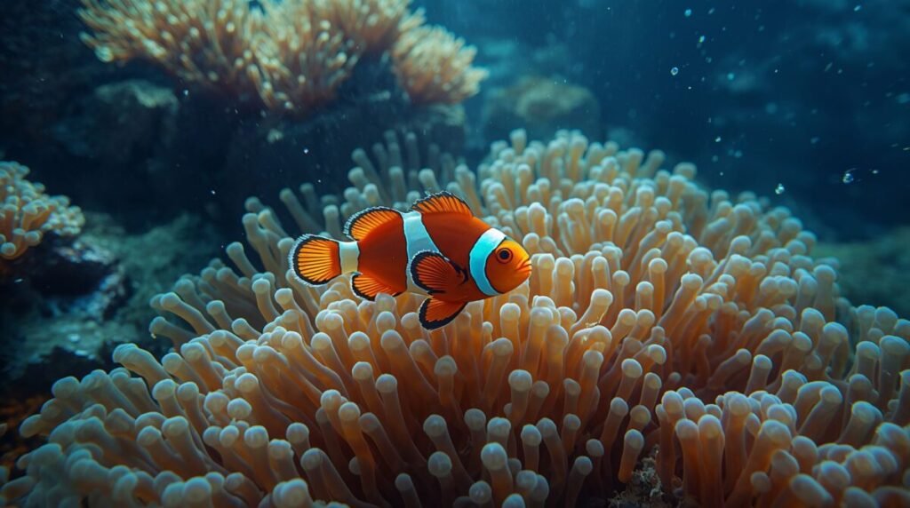 Colorful clownfish with vivid orange and white stripes near a coral reef