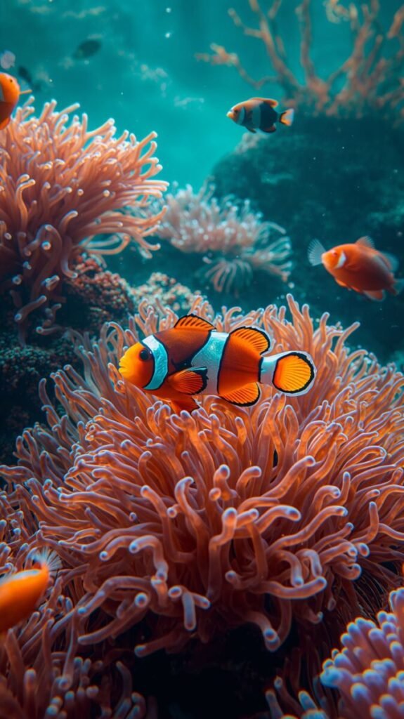 Clownfish with classic bright orange and white stripes swimming in an anemone