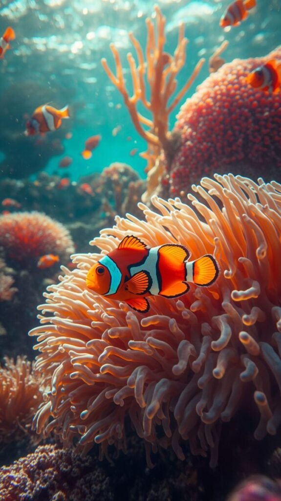 Two colorful clownfish swimming together with bold orange and white stripes