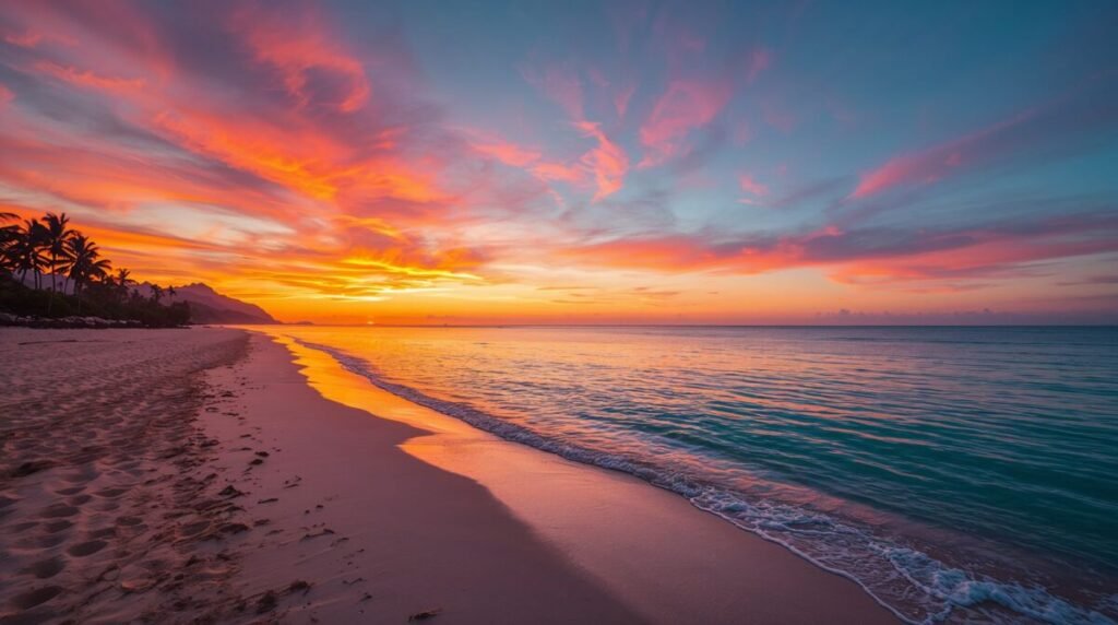 Vibrant orange and blue coastal sunset wallpaper