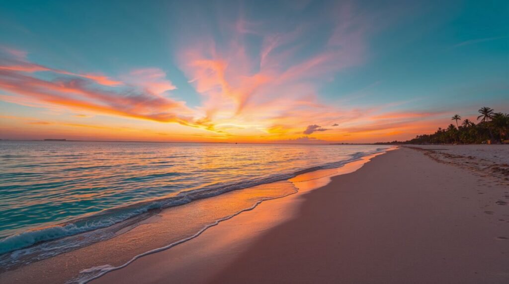 Golden hour coastal sunset with vibrant orange skies