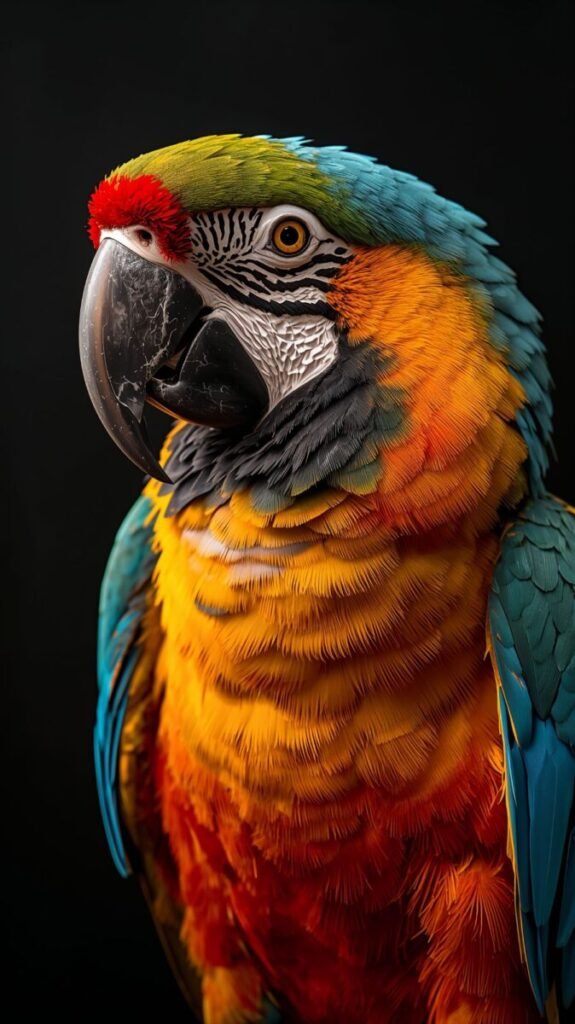 Colorful Parrot with vibrant plumage, vertical portrait