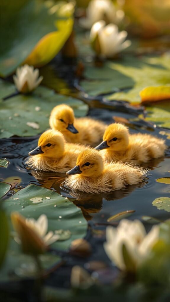 Two cute yellow ducklings looking curious with bright beady eyes