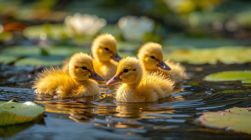 Three cute yellow ducklings huddling together with bright beady eyes