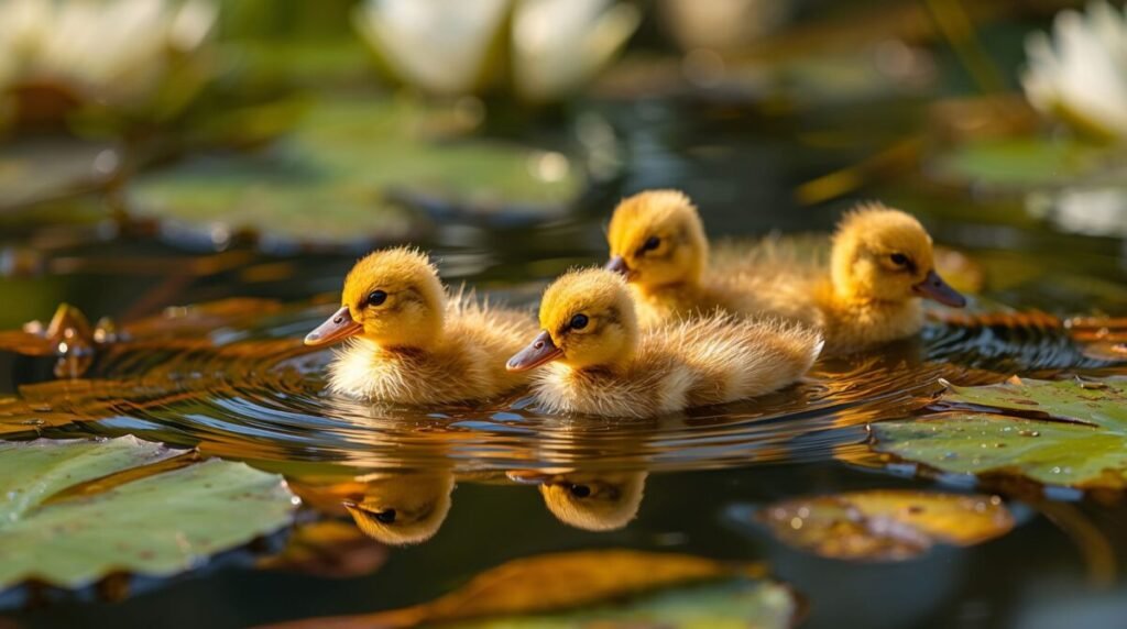 A line of five adorable yellow ducklings following each other