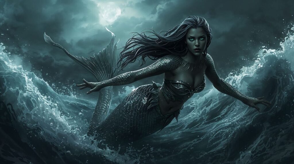 Dark fantasy mermaid with shimmering silver scales