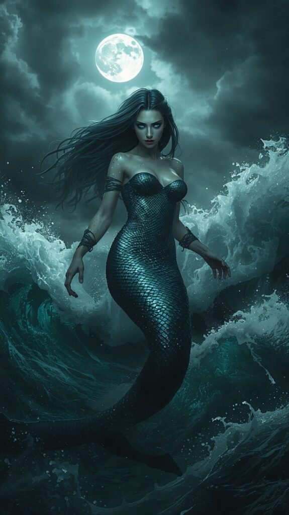 Vertical dark fantasy mermaid wallpaper silver scales