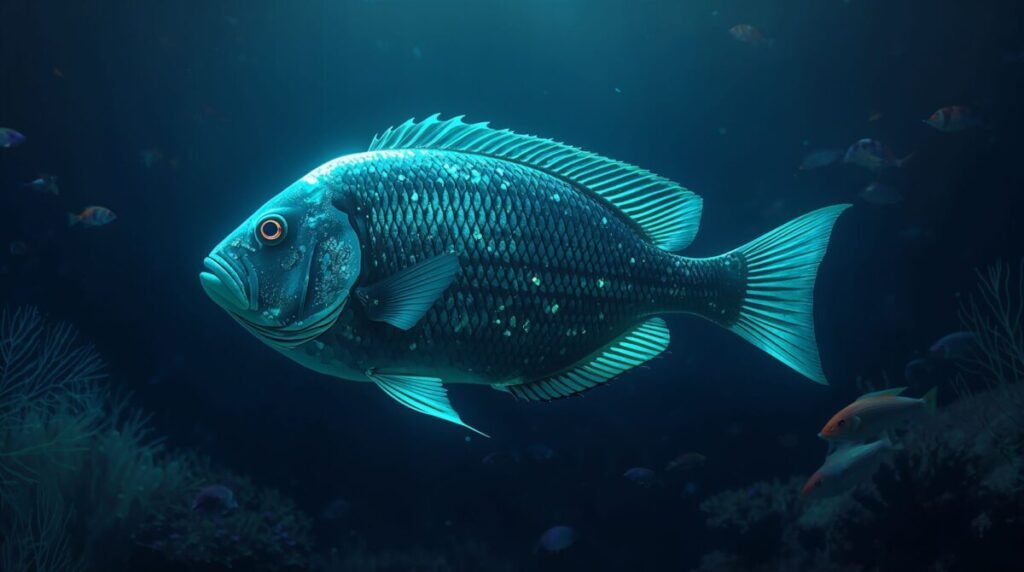 Wide view of a mysterious deep-sea fish with glowing iridescent scales