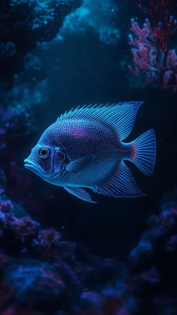 Deep sea fish with iridescent, slightly translucent scales in dark water