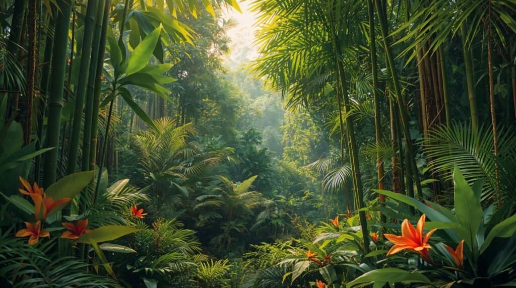 Wide Bamboo Jungle Background Wide view of dense tropical bamboo forest