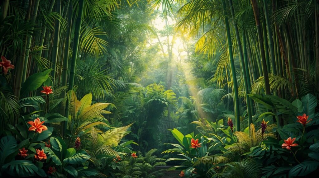 Lush Green Bamboo Forest Wallpaper Vibrant tropical bamboo jungle with lush green leaves