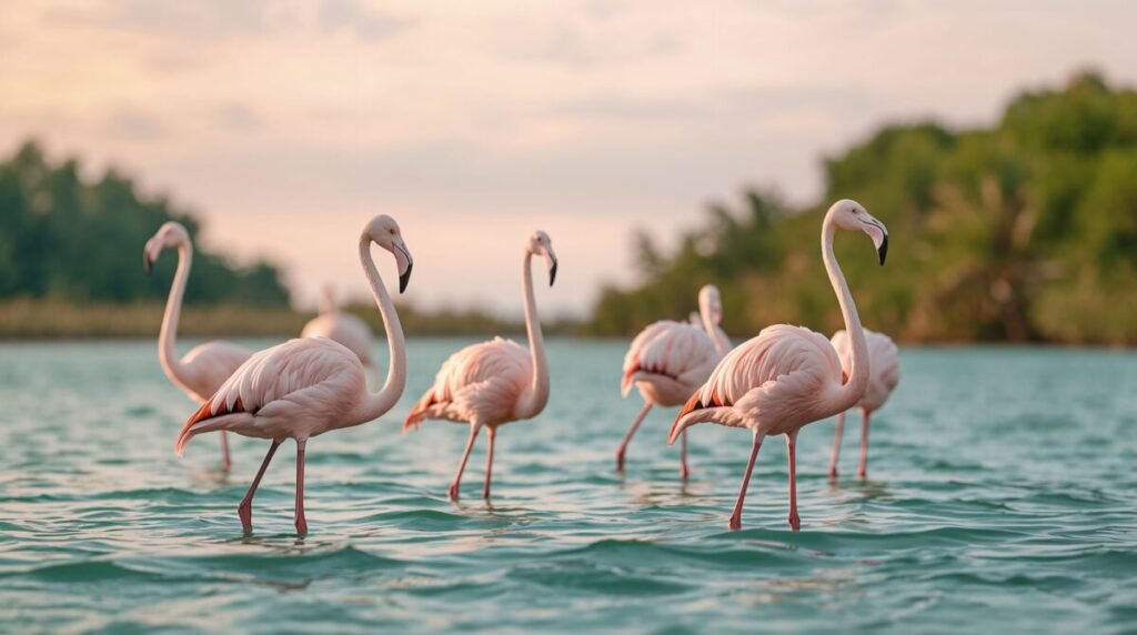 Elegant flamingos with slender necks and long legs wallpaper