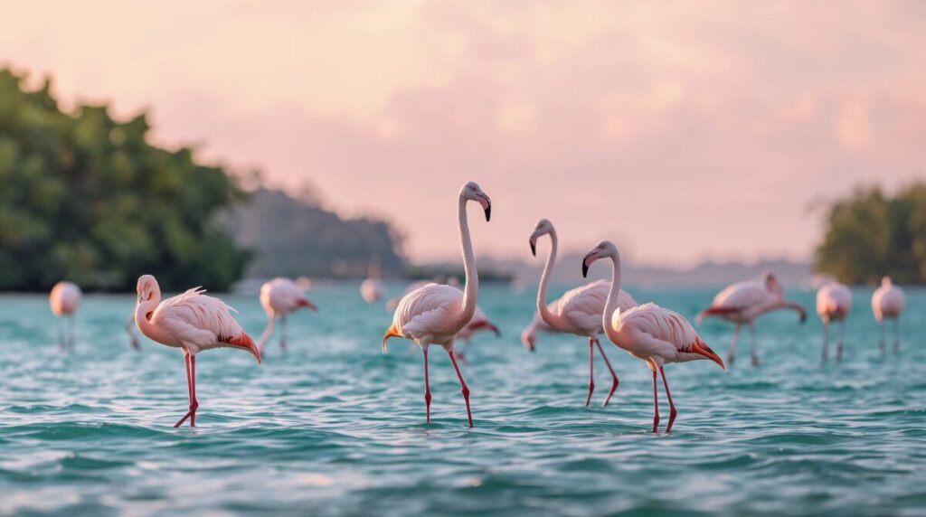 Graceful pink flamingos standing in water