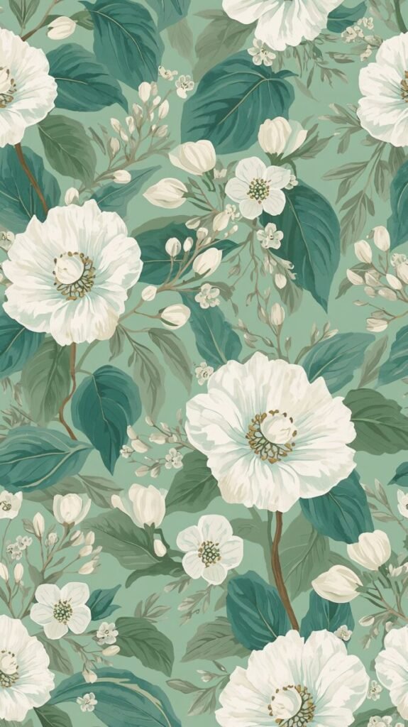 Soft Emerald Green Floral Wallpaper Design