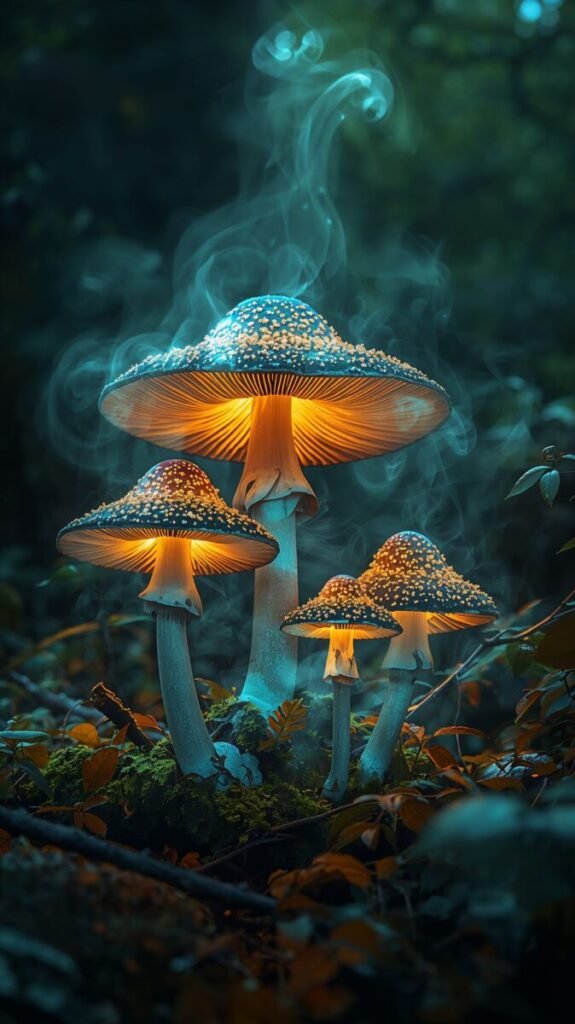 Magical glowing forest mushroom mobile background