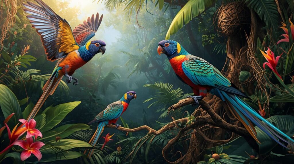 Exotic tropical birds with iridescent plumage