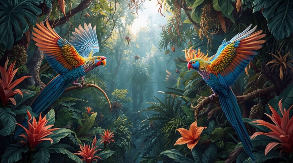 Exotic tropical birds with bright iridescent plumage